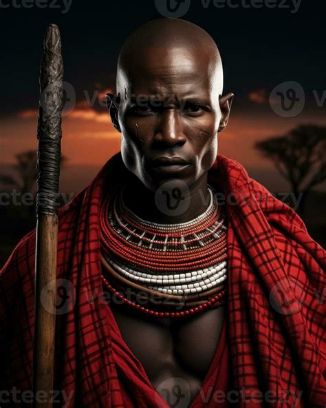 Maasai warrior in traditional attire, standing against a backdrop of ...