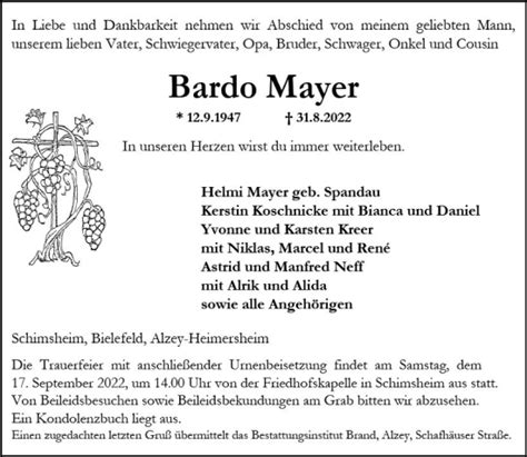 Traueranzeigen Von Bardo Mayer Vrm Trauer De