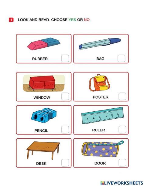 School Objects Select Yes Or No Worksheet School Materials