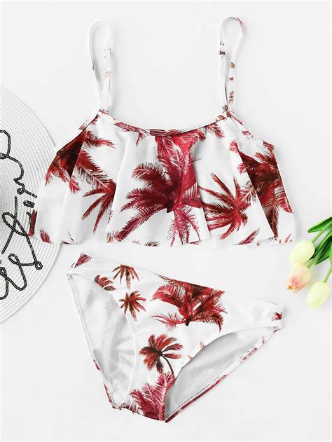 Palm Tree Print Flounce Bikini Set SheIn Sheinside