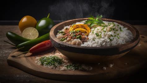 A Wooden Bowl Filled With Rice And Vegetables On Top Of A Wooden Cutting Board Generative Ai