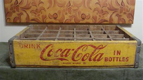 Vintage Coca Cola Bottle Yellow Wooden Carrier Case Crate