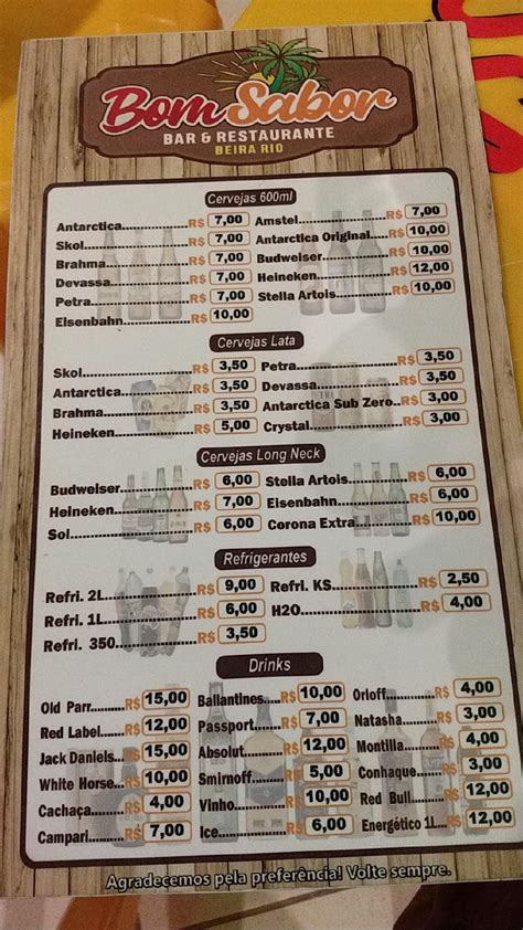 Carta De Bom Sabor Bar E Restaurante Beira Rio Brasil