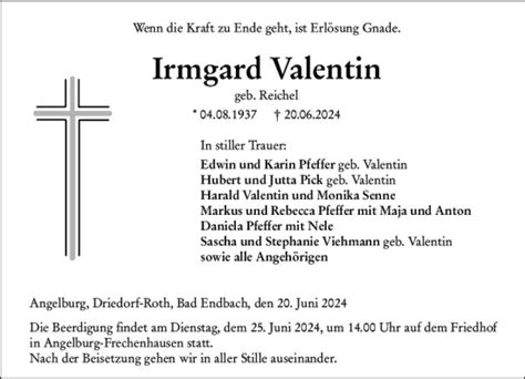 Traueranzeigen Von Irmgard Valentin Vrm Trauer De