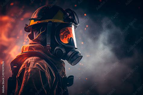 Side View Of A Firefighter With Gas Mask And Helmet On Dark Background