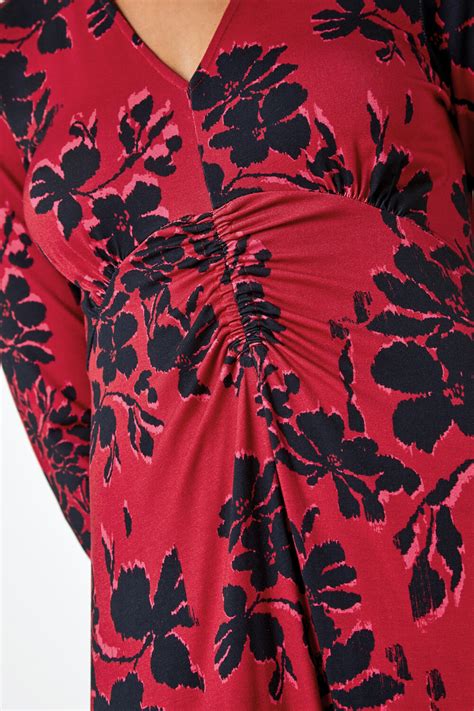 Red Floral Print Ruched Midi Stretch Dress Roman Uk