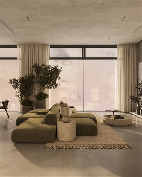 Living room with green sofa on Behance