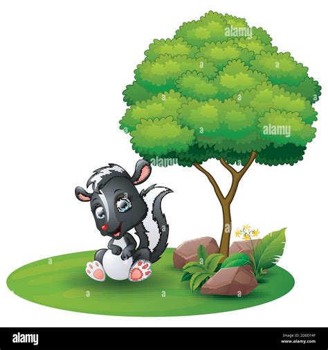 Vector Illustration Of Cartoon Skunk Sitting Under A Tree On A White