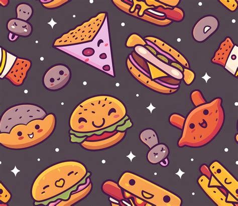 Cute Kawaii Fast Food Pattern With Cheeseburgers Hot Dogs And