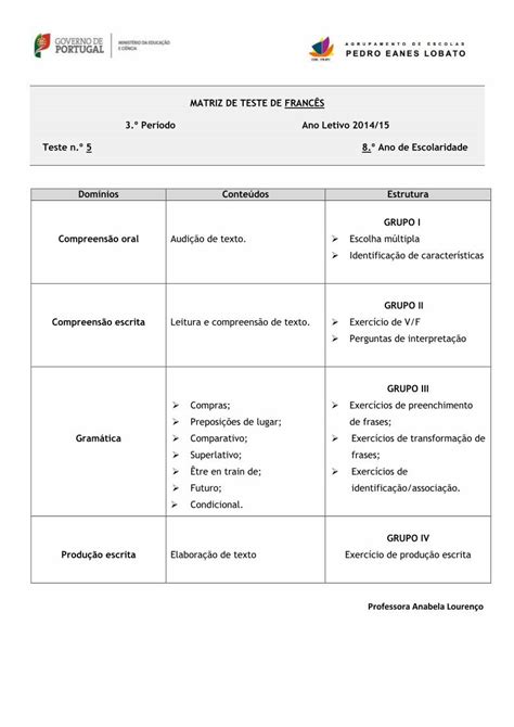 Pdf Matriz De Teste De Franc S Per Odo Ano Letivo Pdf File