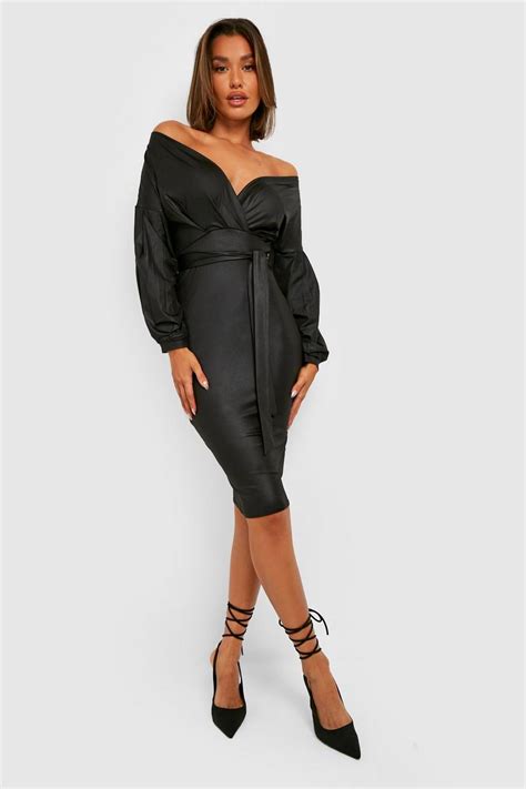 Faux Leather Off The Shoulder Midi Dress Boohoo