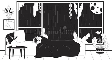 Dog Sleeping in Bed at Night Rainy Outline 2D Cartoon Background Stock ...