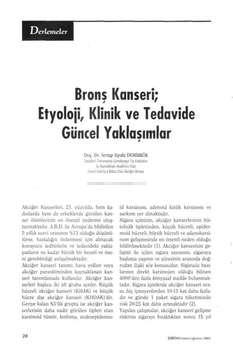 Pdf Bron Kanseri Etyoloji Klinik Ve Tedavide G Ncel Yakla Kanseri