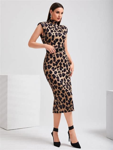 SHEIN Modely Dividido Zíper Leopardo elegante Vestido Bodycon dress