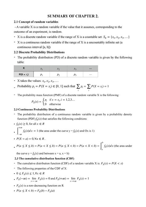 Summary Of Lectures Chapter 2 Random Variables And Probability