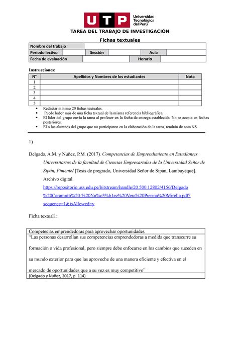 Formato De Entrega De Tarea De Fichas Textuales TAREA DEL TRABAJO DE