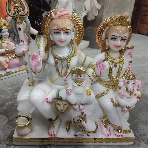 Multicolor Painted Marble Shiv Parivar Statue For Worship Size 8