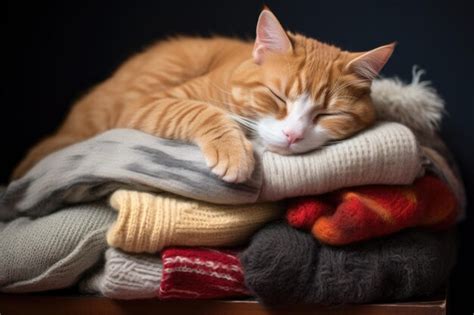 Premium Photo A Ginger Cat Sleeping Its Head Resting On A Pile Of