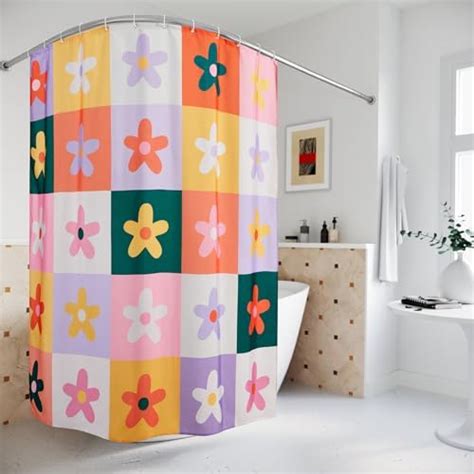 Aldopein Extra Long 84 Inches Retro Flower Checkered Shower