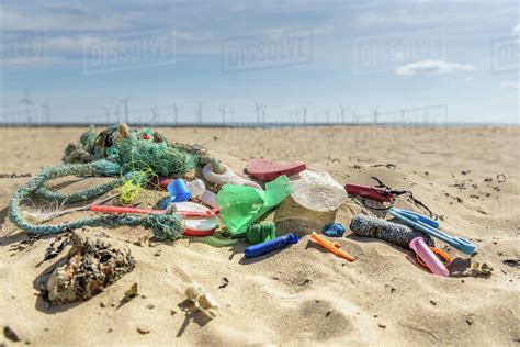 Plastic Pollution Collected On Beach North East England UK Stock