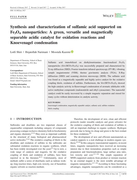 Pdf Synthesis And Characterization Of Sulfamic Acid Supported On Fe