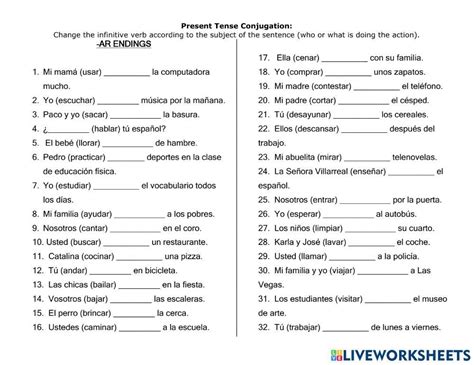 Ar Verbs In Present Tense Worksheet Live Worksheets