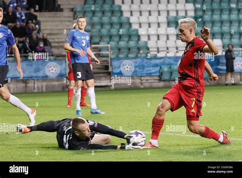 Estonia S Goalkeeper Karl Jakob Hein And Belgium S Leandro Trossard