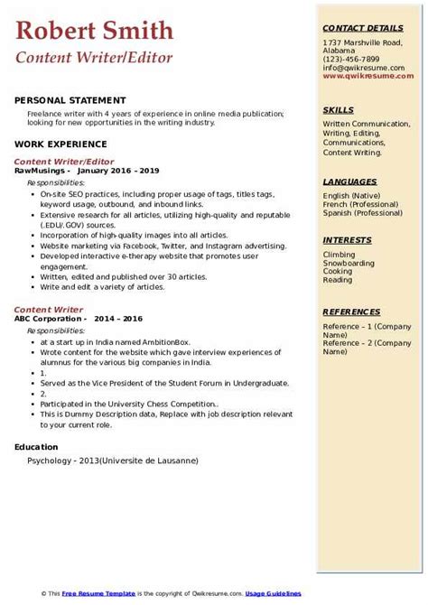 Content Writer Resume Samples Qwikresume