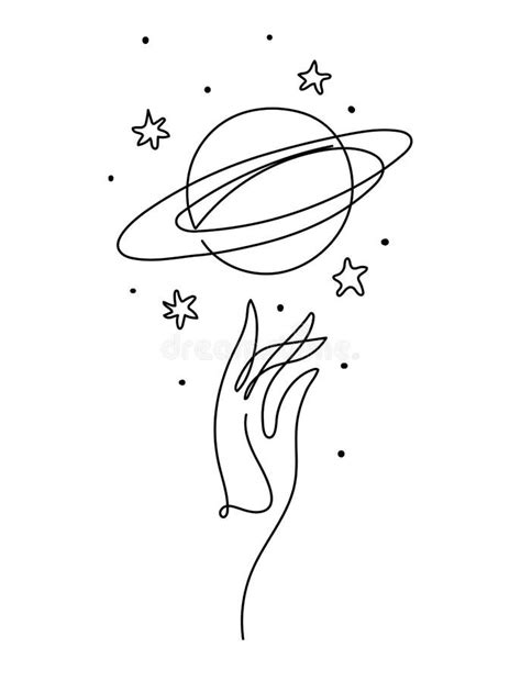 Hand And Planet Saturn With Rings Aesthetic Line Drawing Space Icon Vintage Tattoo For Witch