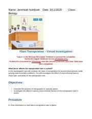 Mod19 Plant Transpiration Lab 1 Odt Name Jeremiah Humlicek Biology