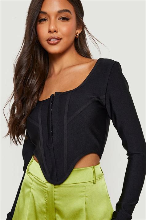 Bandage Long Sleeve Hook And Eye Corset Top Boohoo