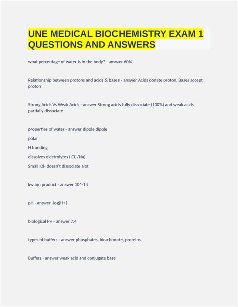 UNE MEDICAL BIOCHEMISTRY EXAM 1 QUESTIONS AND ANSWERS Exams