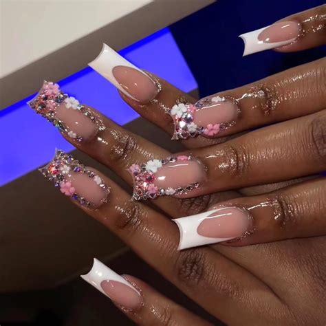 Amazon Rilafuvu Long Coffin Press On Nails Nude Fake Nails D Flower With Glue Press On