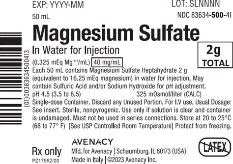 Magnesium Sulfate In Water Avenacy Inc Fda Package Insert