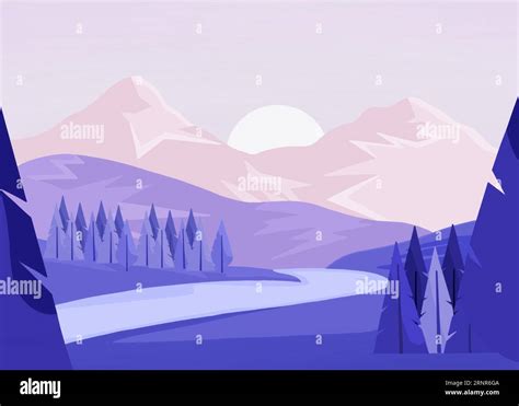 Cartoon Drawing of the Mountain Range with River and Trees at Sunset ...