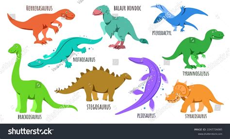 Set Cute Happy Dinosaurs Names Each Stock Vector Royalty Free