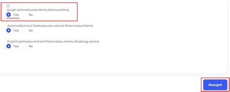 Automatizuoti veiksmai Potencialių klientų modulyje Hanna pagalba