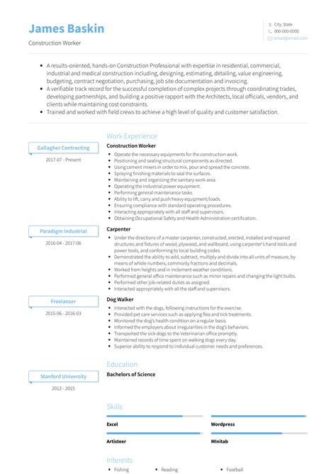 Construction Worker Resume Sample And Templates Visualcv Artofit