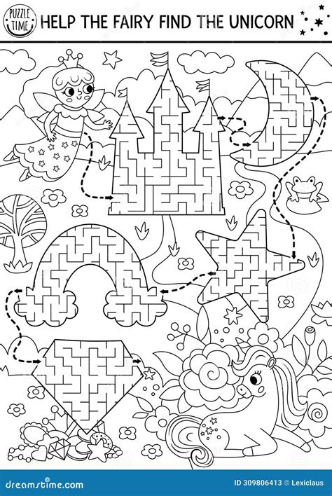 Unicorn Black and White Maze for Kids with Geometrical Castle, Moon ...