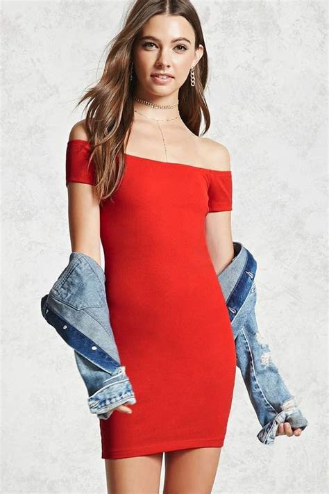 Forever 21 Ribbed Off The Shoulder Dress Red Bodycon Dress Red A Line Dress Long Sleeve Mini