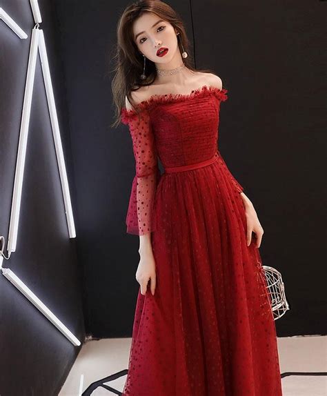 Burgundy Tulle Lace Tea Length Prom Dress Burgundy Evening Dress