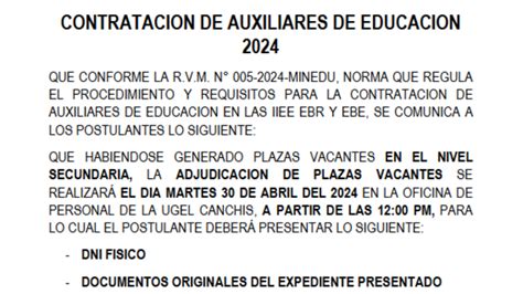 Comunicado CONTRATACION DE AUXILIARES DE EDUCACION 2024 Informes Y