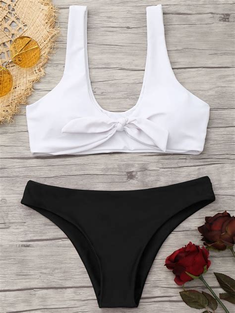 Off Padded Knotted Bralette Bikini Set In White And Black