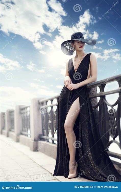 Fashion Woman In Hat And Black Dress Outdoor Elegant Lady In Summer