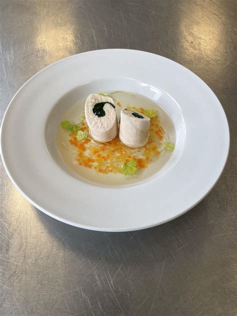 Chicken Spinach Roulade With Chicken Consommé Rplating