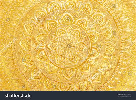 Engraved Gold Metal Oriental Texturepattern Background Stock Photo