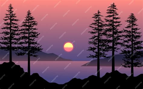 Premium Vector | Beautiful sunset scene with pine tree silhouette