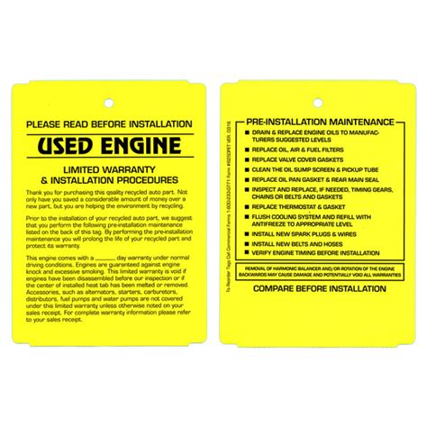 Used Engine Pre Installation Maintenance Tags Cf Recycler Supply