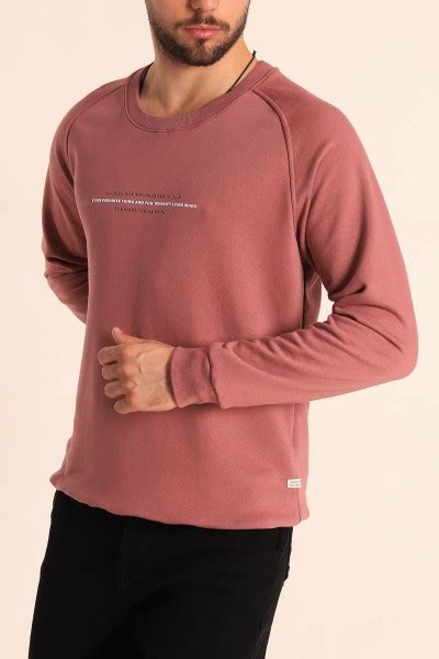 Gül Kurusu Relaxed Fit Şardonsuz Kabartma Yazılı Erkek Sweatshirt