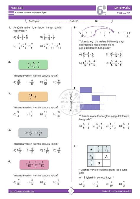 S N F Kesirlerle Toplama Ve Karma Lemi Testi Pdf Ndir